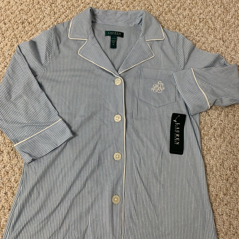 Lauren Ralph Lauren Bingham Knits Cotton Jersey Cropped PJ set, Blue Stripe, M